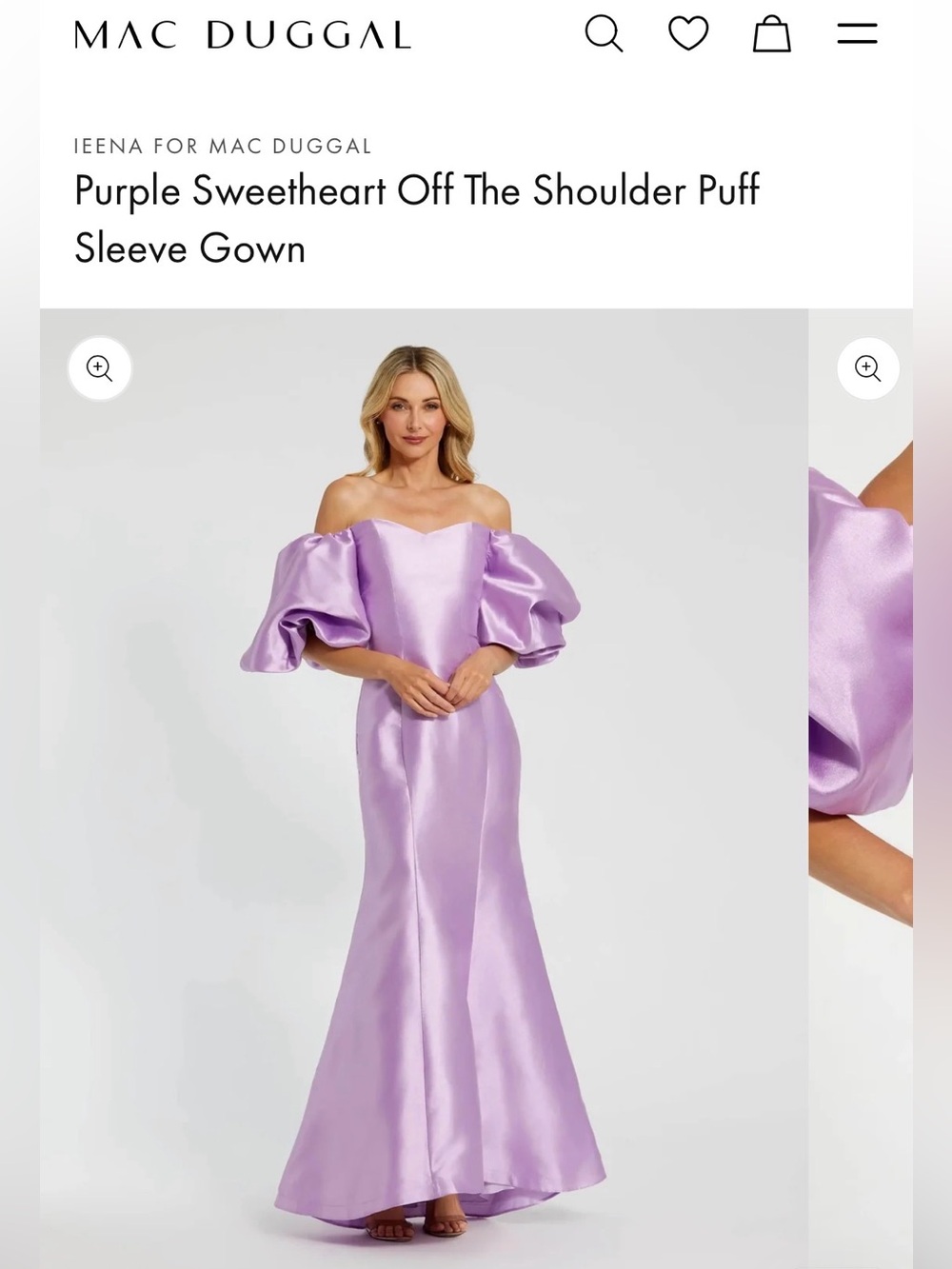 Purple sweetheart off the shoulder puff sleeve gown